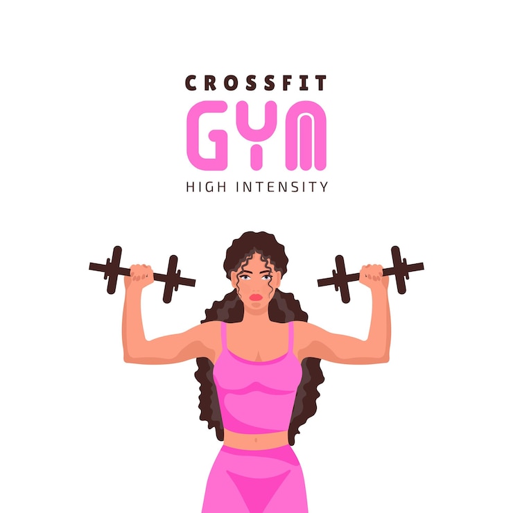 Vecteur une fille de fitness dans une salle de sport. des barres, des haltères, un logo de fitness crossfit.