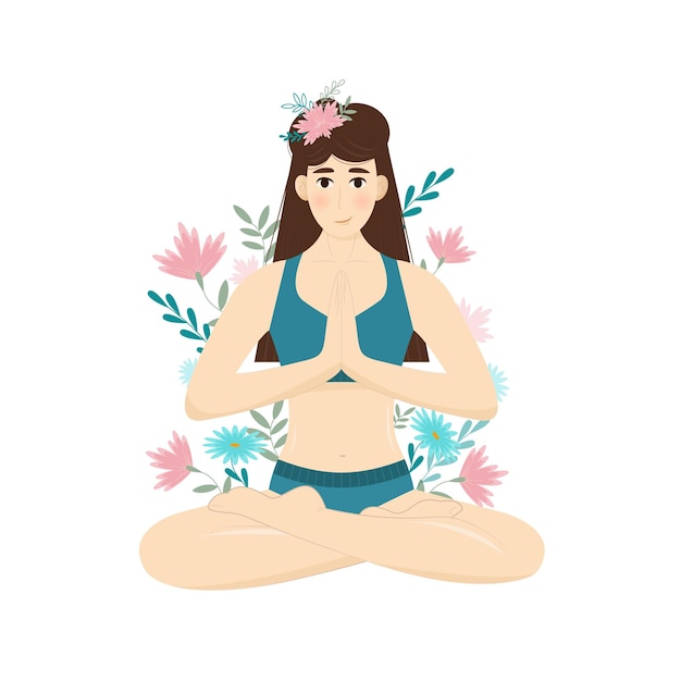 Fille En Fleurs Dans La Position Du Lotus Aux Cheveux Longs Médite. Illustration Vectorielle Pour Cartes Postales, Bannières Et Sites Web.