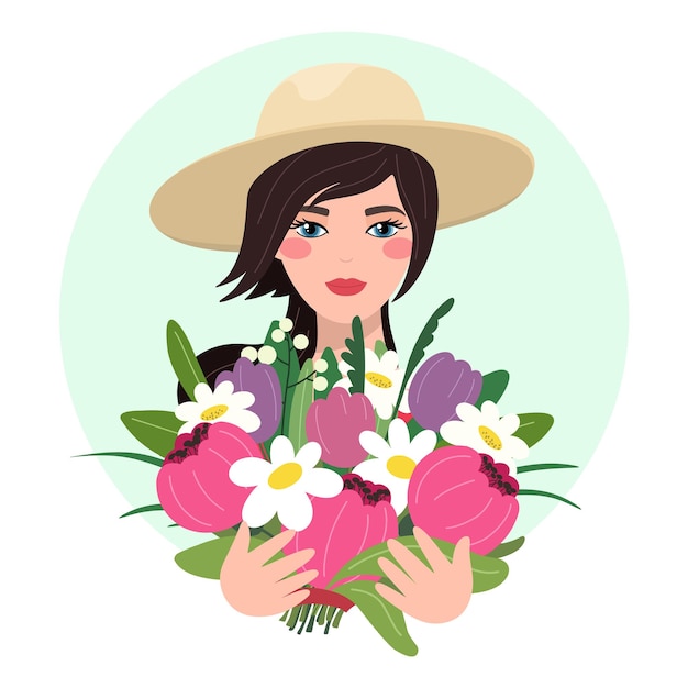 Vecteur fille avec des fleurs illustration d'avatar féminin de printemps