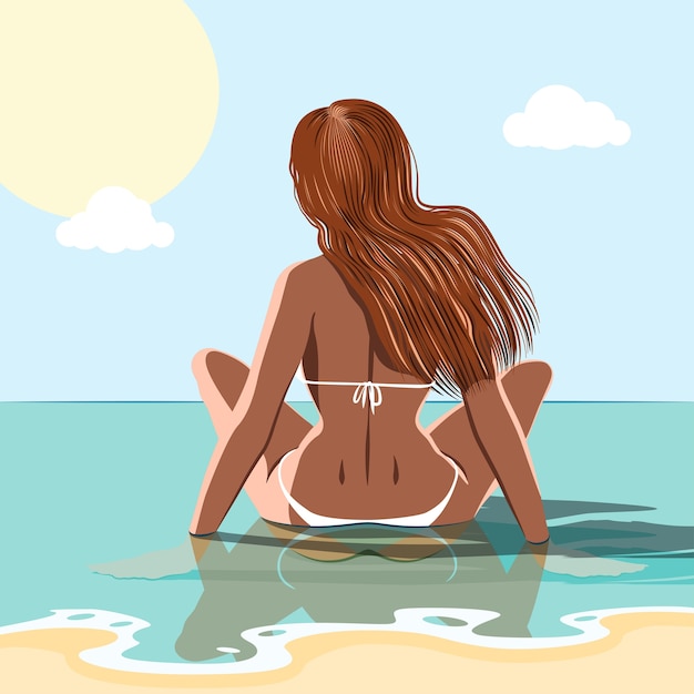 Vecteur fille foxy assise dans l'eau de mer. concept d'été