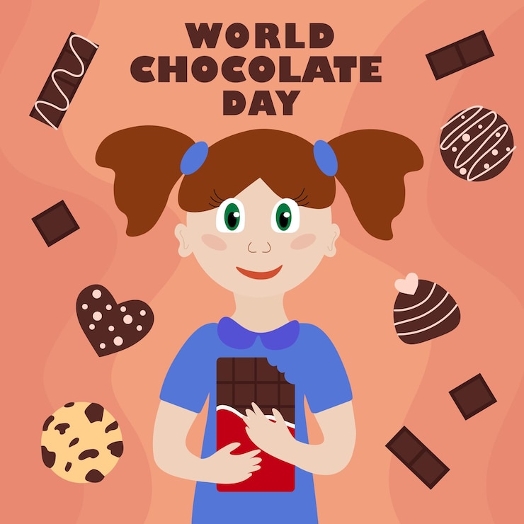 Vecteur fille gaie avec du chocolat dans les mains journée mondiale du chocolat bonbons biscuits desserts