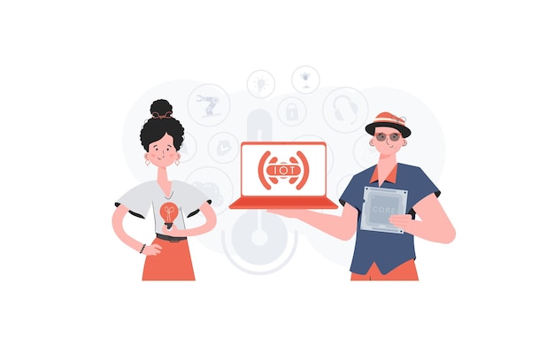 La fille et le gars forment une équipe dans le domaine de l'Internet des objets Concept de l'Internet des objets Bon pour les présentations et les sites Web Illustration vectorielle