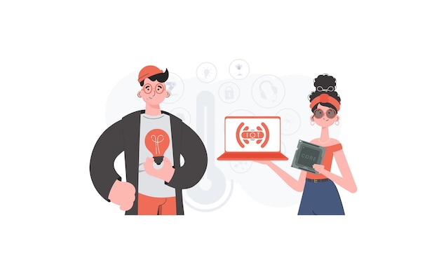 La fille et le gars forment une équipe dans le domaine de l'Internet des objets Concept IoT Bon pour les sites Web et les présentations Illustration vectorielle
