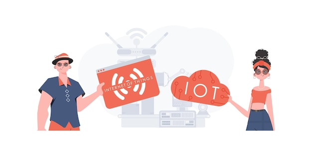 La fille et le gars forment une équipe dans le domaine de l'Internet des objets IOT et du concept d'automatisation Bon pour les sites Web et les présentations Illustration vectorielle dans un style plat