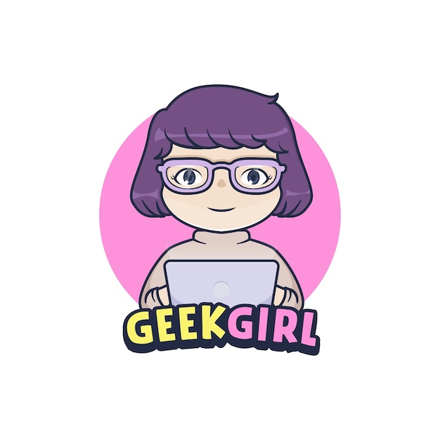 Fille de geek devant l'ordinateur portable, conception de mascotte de logo