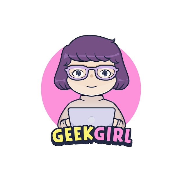 Fille De Geek Devant L'ordinateur Portable, Conception De Mascotte De Logo