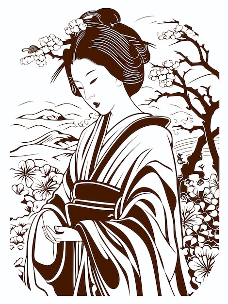 Vecteur fille de gravure japonaise vectorielle et sakura