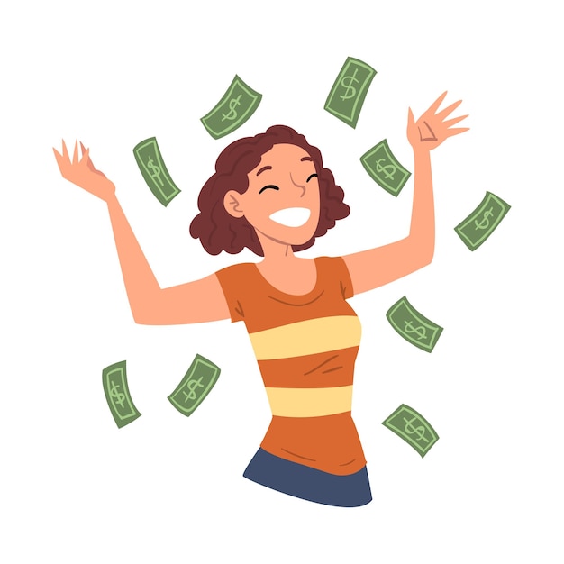 Fille heureuse avec des billets d'un dollar volant autour de sa femme riche réussie appréciant la pluie d'argent vecteur