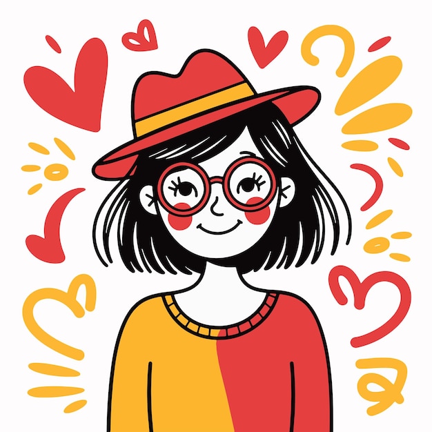 Une fille heureuse avec un chapeau, des lunettes et des cœurs.