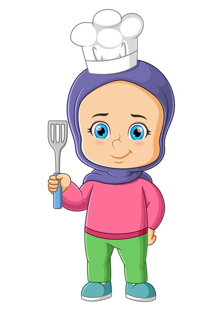 La Fille Heureuse De Chef Pose Avec La Spatule