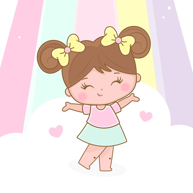 Une fille heureuse dessinant avec un arc-en-ciel