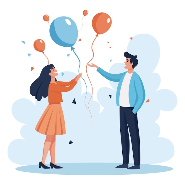 Une fille heureuse et un homme tiennent des ballons illustration plate