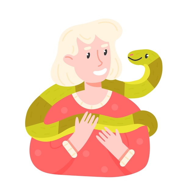 Fille Heureuse De Propriétaire D'animal De Compagnie Avec Un Serpent Dans Le Style De Dessin Animé. Illustration Vectorielle D'une Femme Avec Un Python De Compagnie