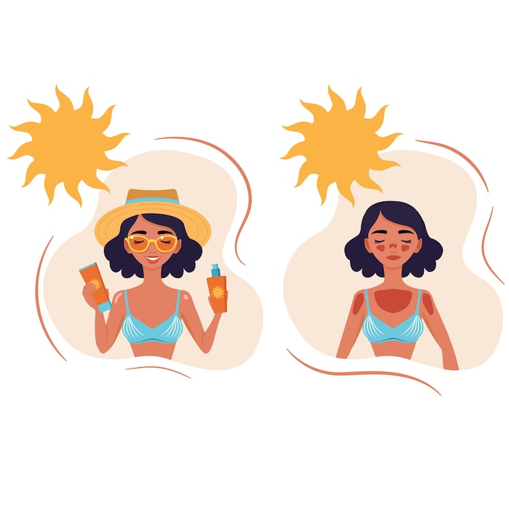 Vecteur une fille heureuse avec de la protection solaire et une peau saine et une fille avec des coups de soleil sans protection bright