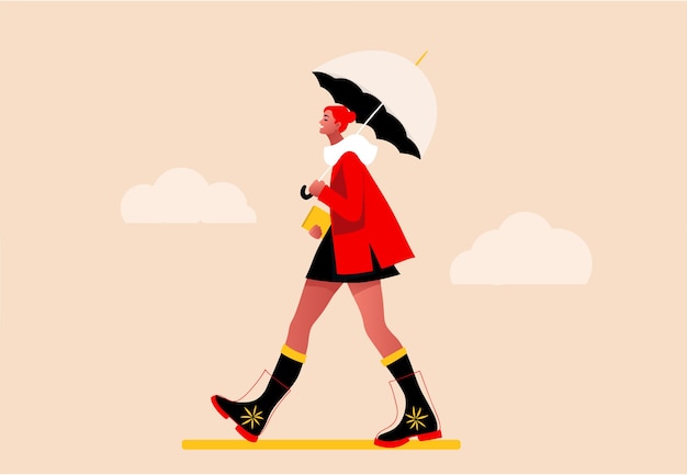 Vecteur fille heureuse qui marche sous la pluie. illustration de concept plat moderne d'une jeune femme à la mode