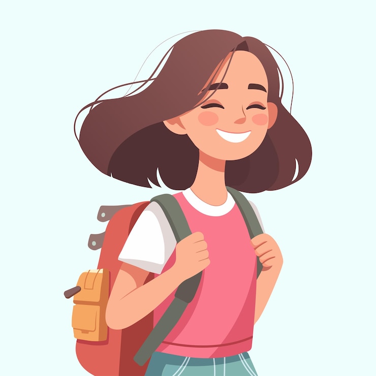 Vecteur une fille heureuse et souriante avec un sac à dos de style plat illustration vectorielle