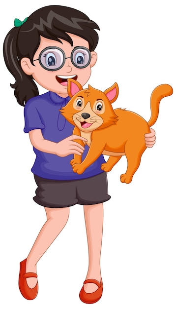 Vecteur une fille heureuse tenant un chat illustration vectorielle