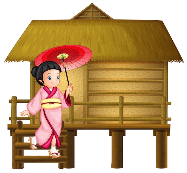 Vecteur fille japonaise à la cabane en bambou