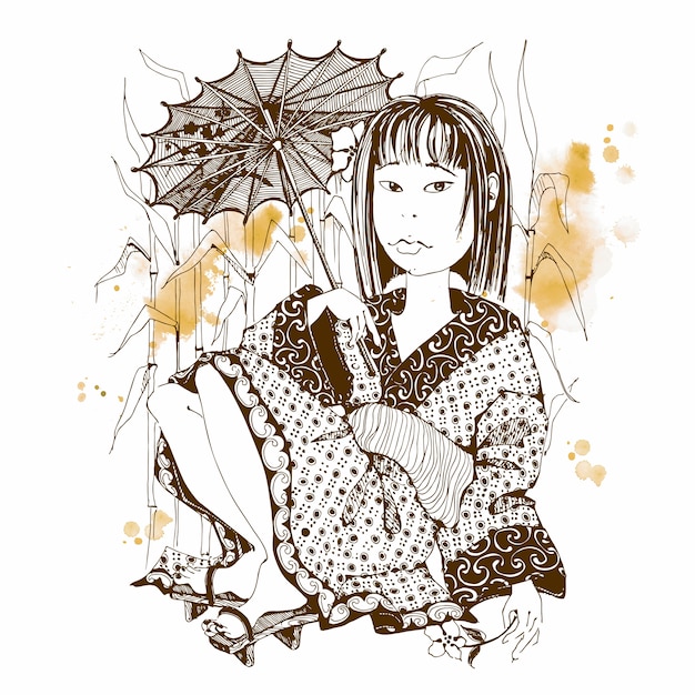 Fille japonaise en kimono avec parapluie.