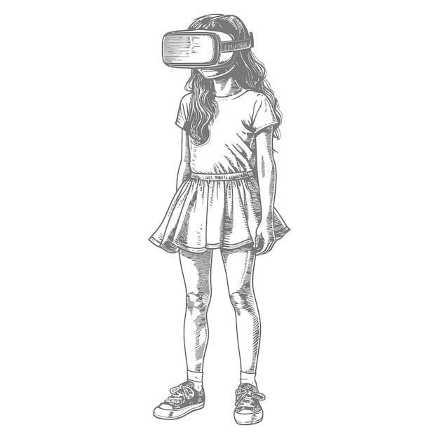 fille jouant au casque de réalité virtuelle avec style de gravure couleur noire seulement
