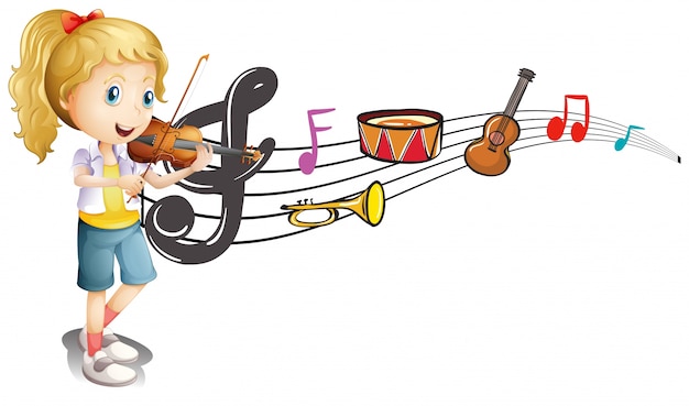 Vecteur fille jouant du violon avec des notes de musique en arrière-plan