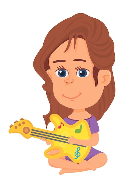 Fille Jouant Sur La Guitare Enfant Cartoon Kid Musicien Isolé Sur Fond Blanc