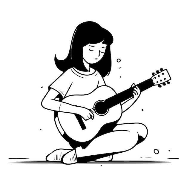 Fille Jouant De La Guitare Illustration Vectorielle Mignonne Dans Le Style De Bande Dessinée