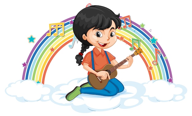 Fille Jouant De La Guitare Sur Le Nuage Avec Arc-en-ciel