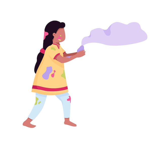 Fille jouant avec le personnage de vecteur de couleur semi-plat de peinture. Personnage dynamique. Personne de tout le corps sur blanc. Holi festival isolé illustration de style dessin animé moderne pour la conception graphique et l'animation