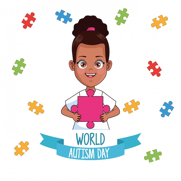 Fille De La Journée Mondiale De L'autisme Avec Des Pièces De Puzzle Vector Illustration Design