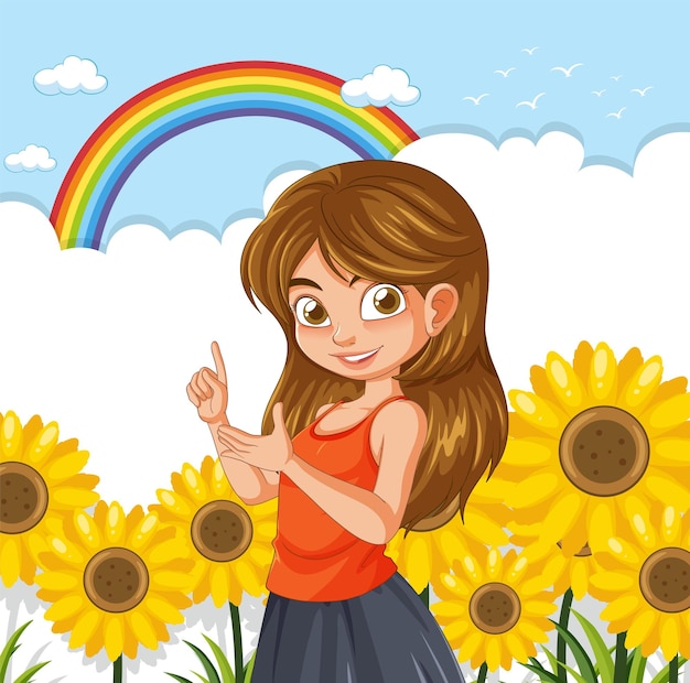 Vecteur une fille joyeuse dans un champ de tournesols avec un arc-en-ciel