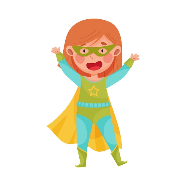 Vecteur une fille joyeuse portant un costume de super-héros agitant la main illustration vectorielle