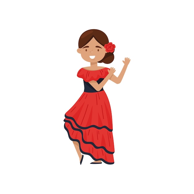 Vecteur fille joyeuse en robe traditionnelle espagnole costume de danseuse de flamenco tenue nationale de l'espagne plat