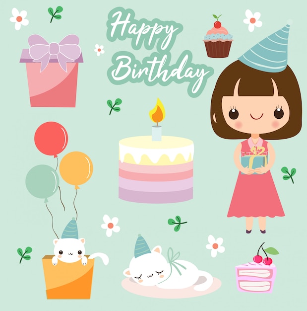 Fille De Joyeux Anniversaire Avec éléments Clip Art Vectoriel