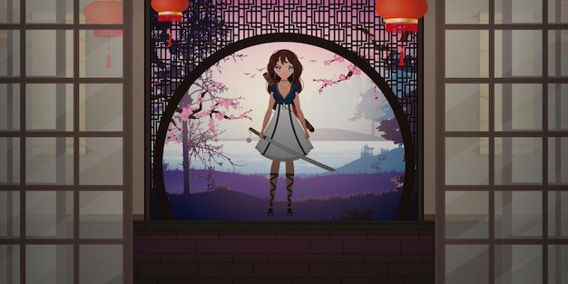 Une Fille Avec Un Katana Dans Une Robe Blanche Sur Une Maison Japonaise Viranda Anime Samurai Woman Cartoon Style Vector Illustration