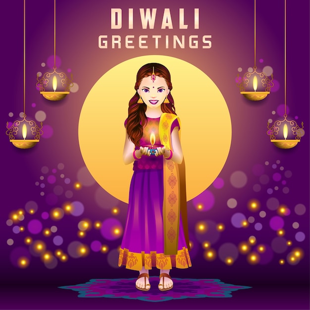 Fille Avec Lampe Diwali En Arrière-plan Festif