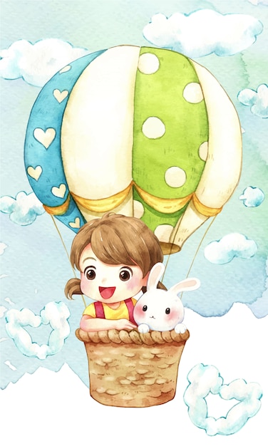 Fille, Lapin Et Ballon Dans Le Ciel Illustration Aquarelle