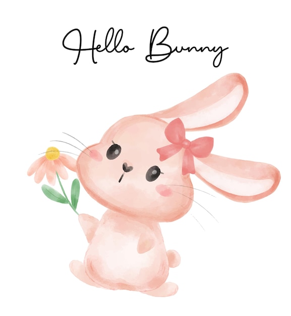 Fille De Lapin Mignon Lapin Donne Vecteur Aquarelle De Dessin Animé De Fleur De Marguerite Rose Hello Bunny