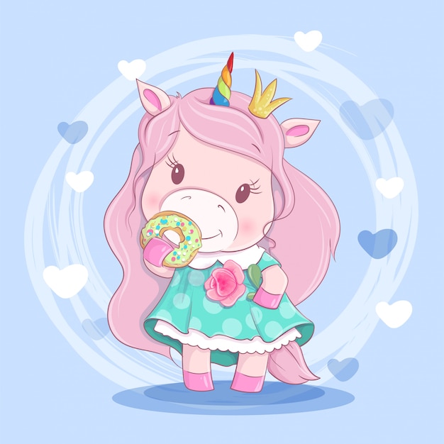 Vecteur fille licorne dessin animé mignon dans une couronne de fleurs et un beignet