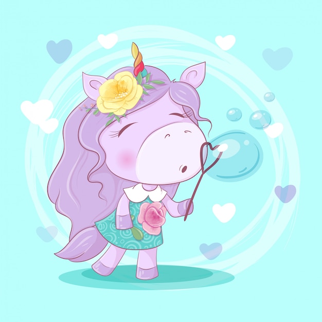 Vecteur fille licorne dessin animé mignon avec des fleurs soufflant des bulles de savon.