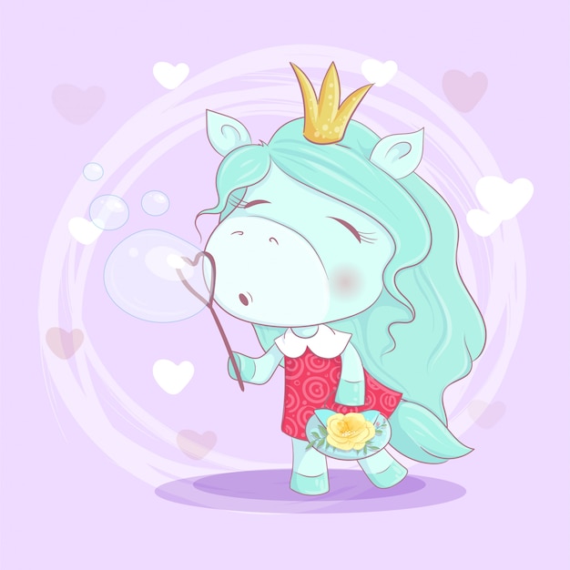 Vecteur fille licorne dessin animé mignon avec des fleurs soufflant des bulles de savon.