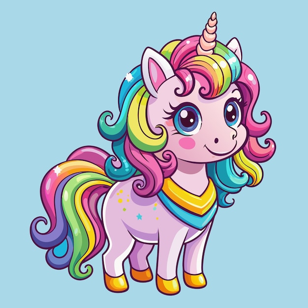 La fille de la licorne de dessin animé avec le vecteur de crinière arc-en-ciel brillant