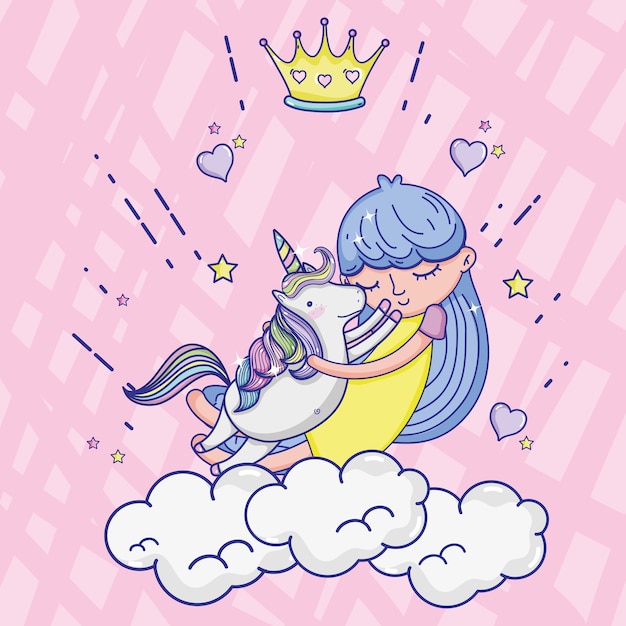 Fille Et Licorne Dessins Animés Mignons