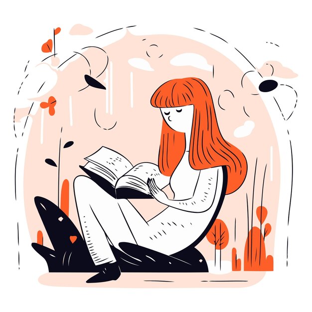 Fille Lisant Un Livre Dans Le Parc Illustration Vectorielle De Style Plat