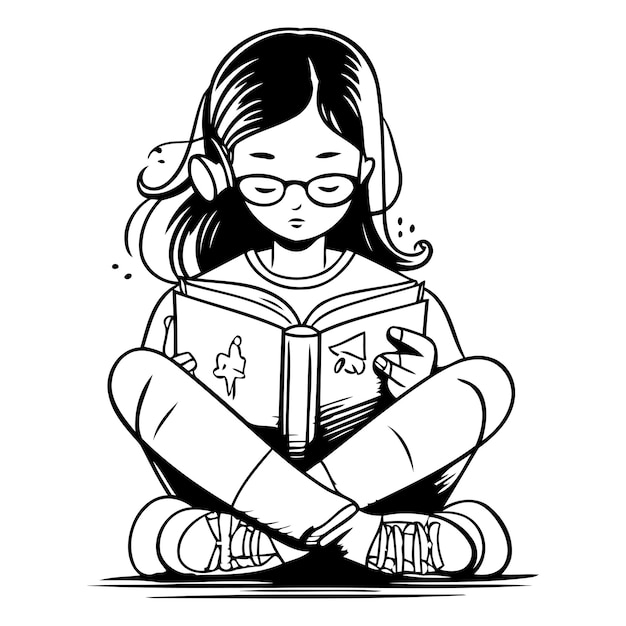 Vecteur fille lisant un livre avec des écouteurs illustration vectorielle dans le style de dessin animé