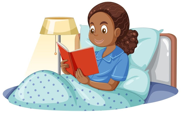 Vecteur fille lisant un livre sur le lit