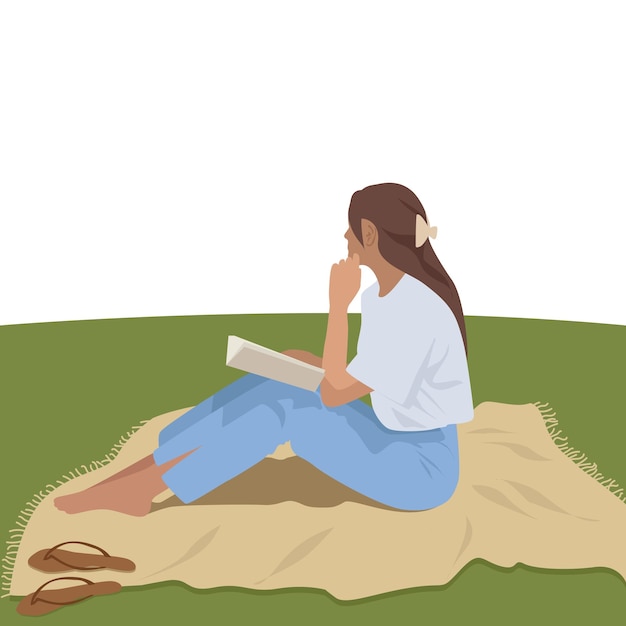 Fille lisant un livre et se reposant sur un pique-nique dans le parc. Illustration vectorielle plane