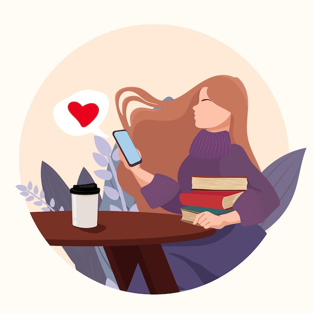 Une fille avec des livres et un cœur sur la tête est assise à une table