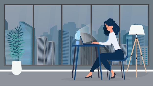 Fille à Lunettes Est Assise à Une Table Au Bureau. La Fille Travaille Sur Un Ordinateur Portable. Le Concept De Trouver Des Personnes Pour Travailler, D'afficher Les Postes Vacants Et Les Curriculum Vitae. Vecteur.