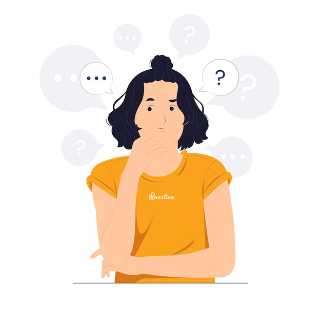 Fille avec la main sur le menton se sentant confuse avec la pensée de point d'interrogation et confuse levant les yeux avec une illustration de concept d'expression focalisée réfléchie